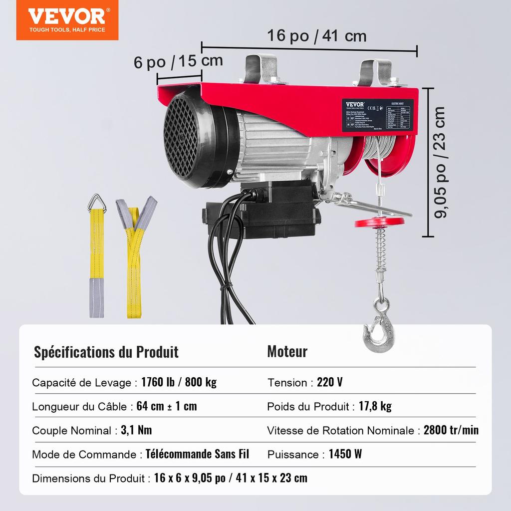 VEVOR Electric Hoist, 798 kg Lifting Capacity, 1450W 220V Electric Steel Wire Winch with Wireless Remote Control
