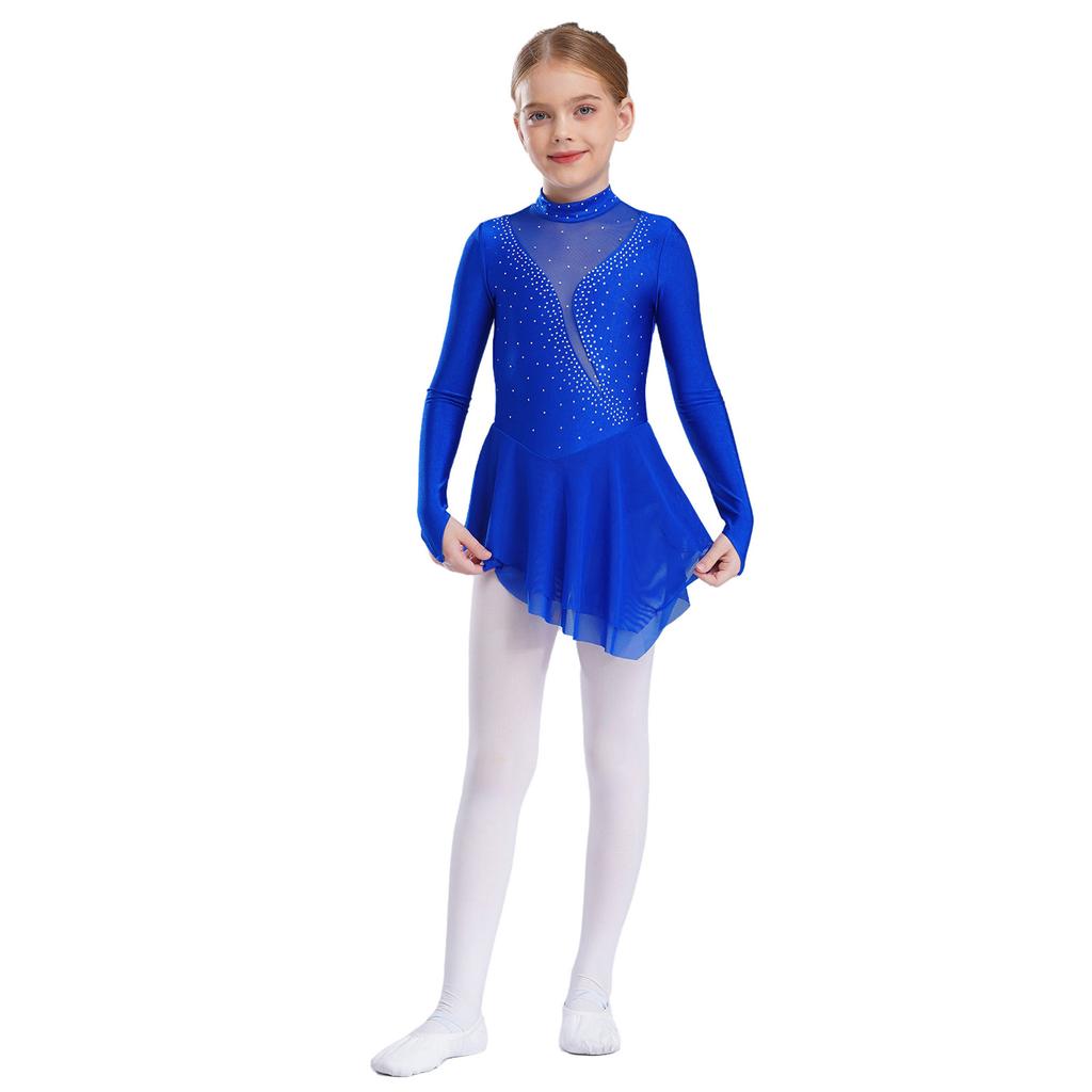Kid Girls Figure Ice Skating Dress Long Sleeve Irregular Hem Leotard Dress Stage Performance Costume