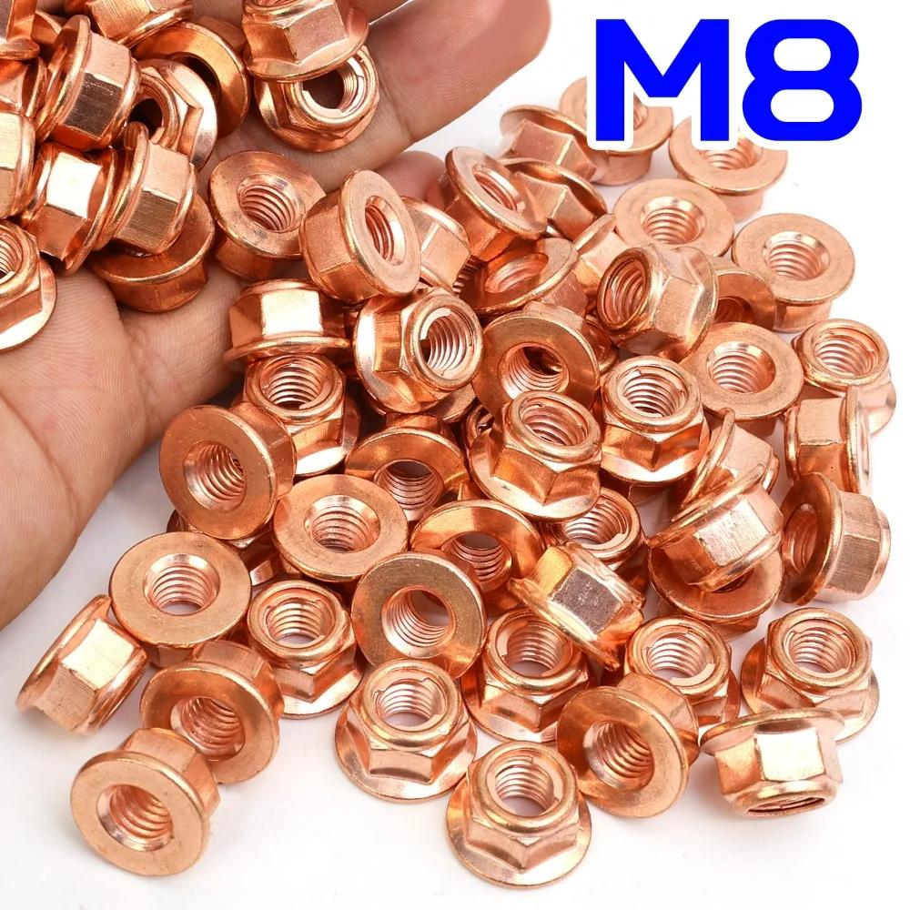 M8 Exhaust Pipe Nuts for BMW E30 3 Series Copper Plated Carbon Steel Self Locking Hex Flange Nut Manifold Collector Hardware