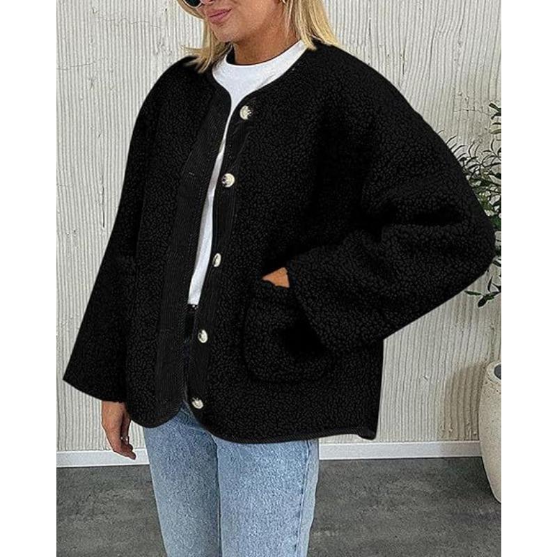 Женская теплая куртка осень-зима без воротника повседневная куртка с длинным рукавом на пуговицах флисовая куртка