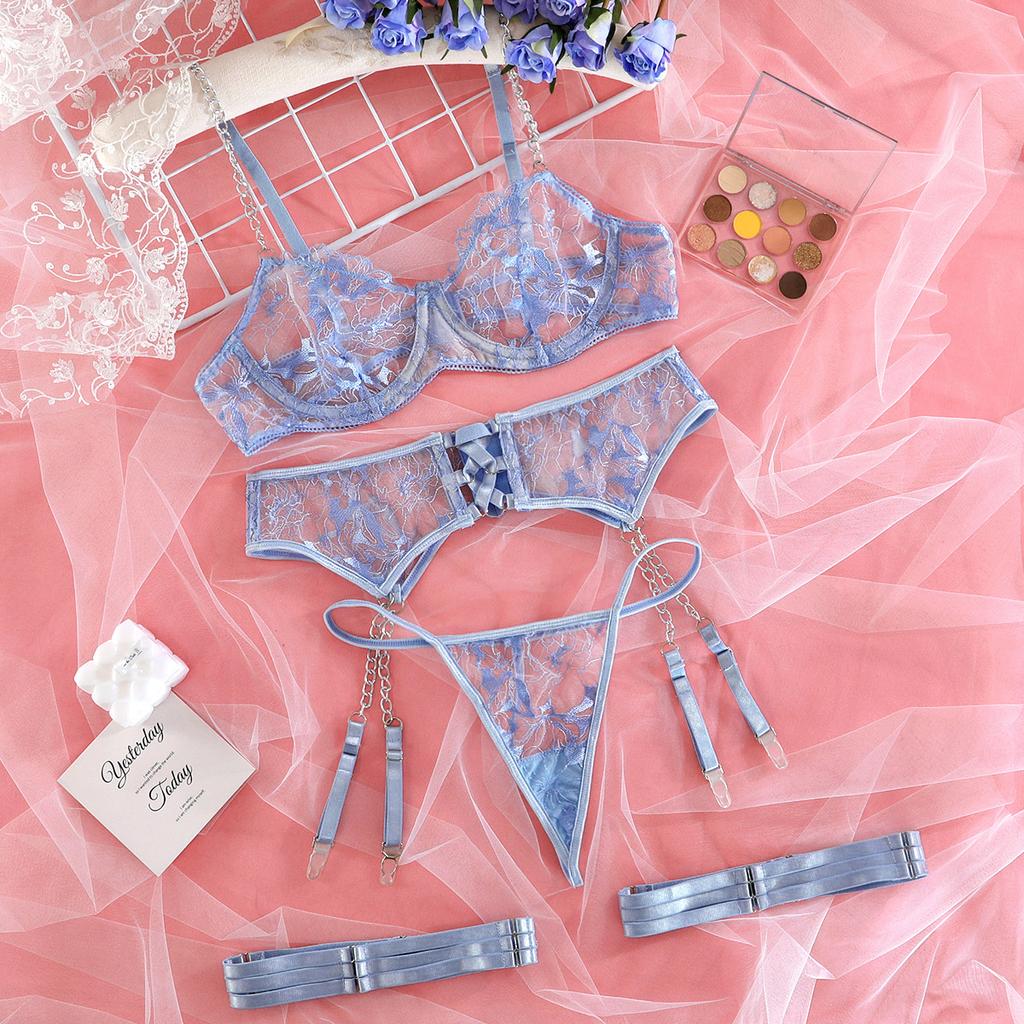 Women’s Sexy Sheer Mesh Embroidered Lingerie Set, Push-Up Bra with Thong, Chain Garter Belt, 4-Piece Erotic Intimate Wear