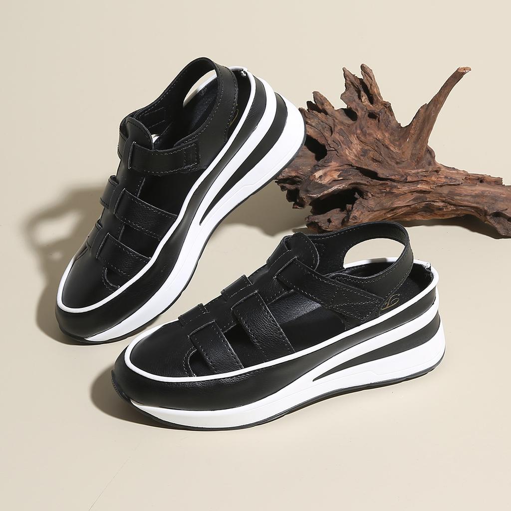 Summer Thick Bottom Fashion Baotou Roman Sandals for Women with Hollow Soft Leather Slope Beach Sandals