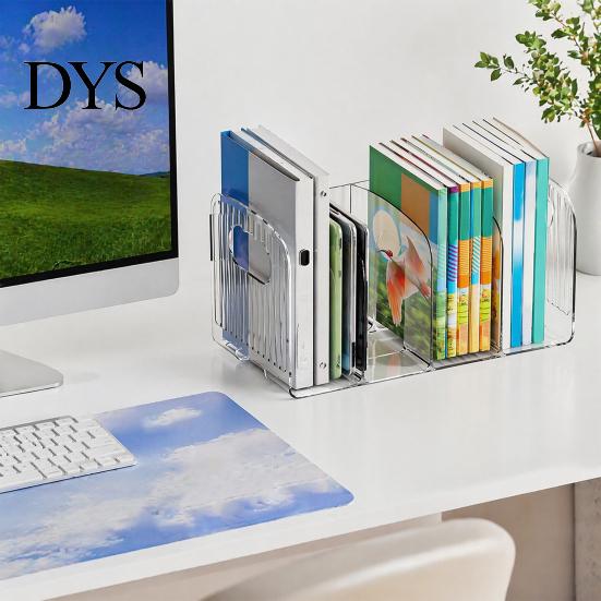 Desktop Document Storage Rack Clear Magazine Holder, 3/4-Compartment Desk Organizer, Vertical Bookend File Space Saving Book Stand for Students Sorter