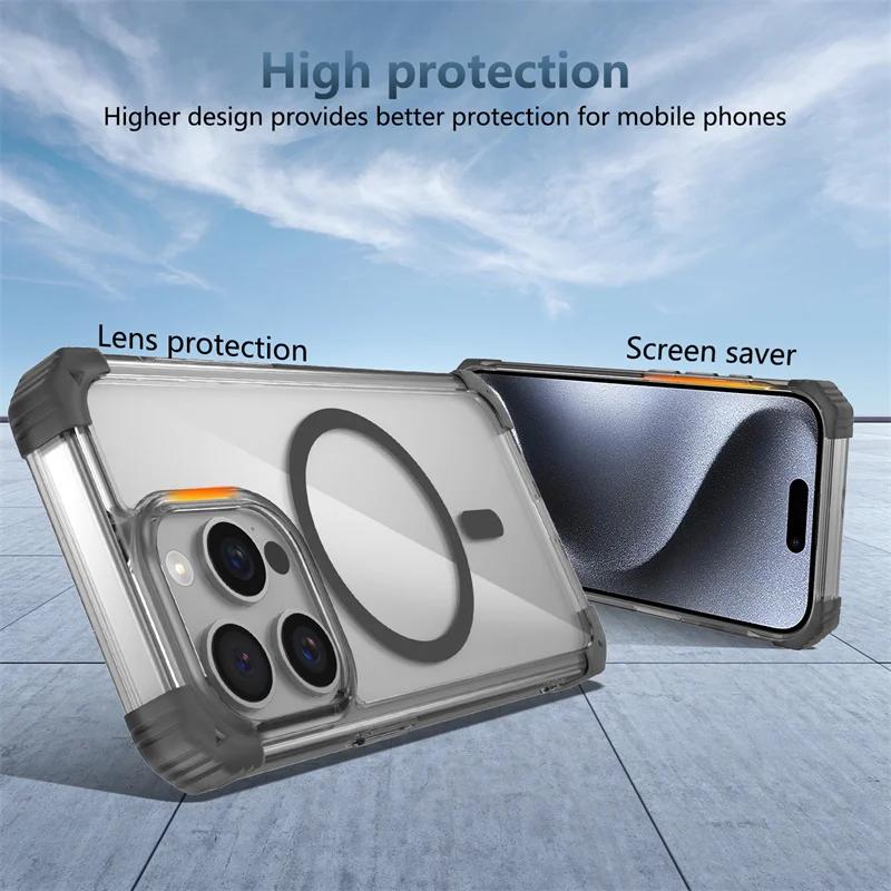 Магнитный прозрачный бронированный чехол Magsafe для Apple IPhone 16 Pro Max 15 14 13 Plus с беспроводной зарядкой и полной защитой, прозрачный цветной чехол