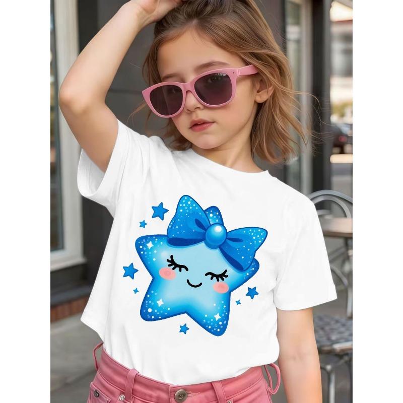 Girls Crew Neck Short Sleeve T-Shirt with Cartoon Blue Stars & Bow Print