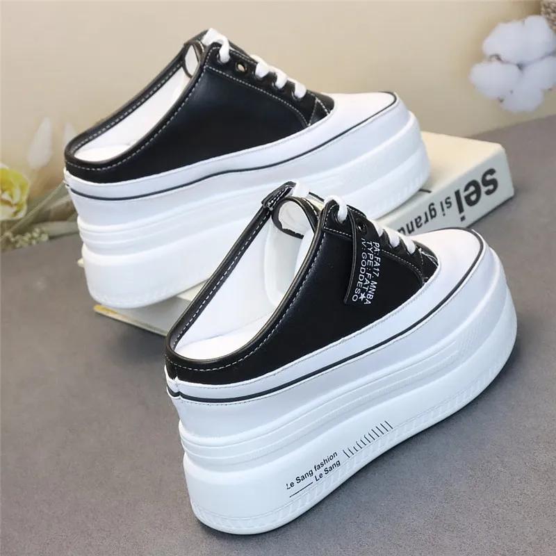 Fashion Lady Leather Without Heel Lazy Half Slipper Height Show Thin Fashion Wear Female Slipper Baotou Large Size Shoes Women Sandals