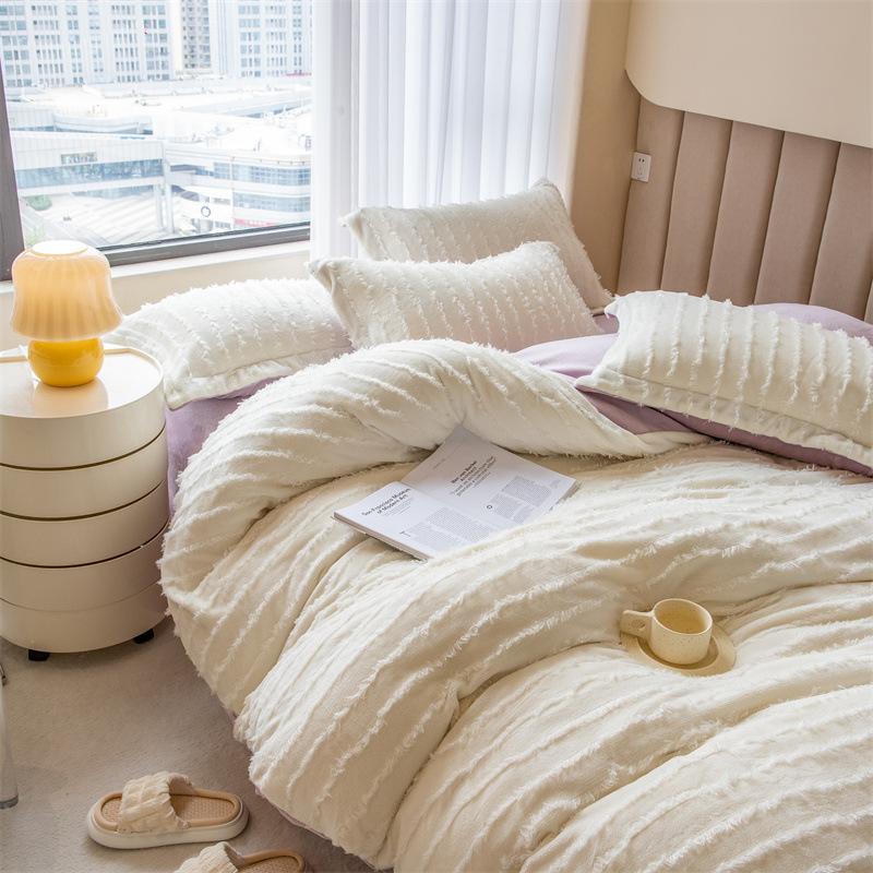 Ins однотонное молочное бархатное одеяло из четырех частей с бахромой кораллового бархата, зимнее фланелевое одеяло, пододеяльник, постельные принадлежности