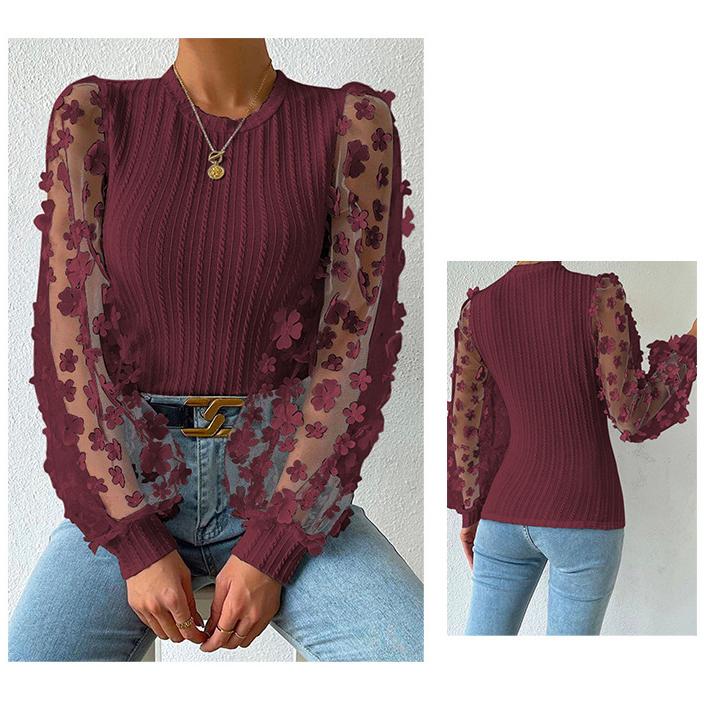 Сетчатая шифоновая рубашка с маленькими цветами, женская весна и лето, тонкий пуловер с круглым вырезом, блузка с длинными рукавами