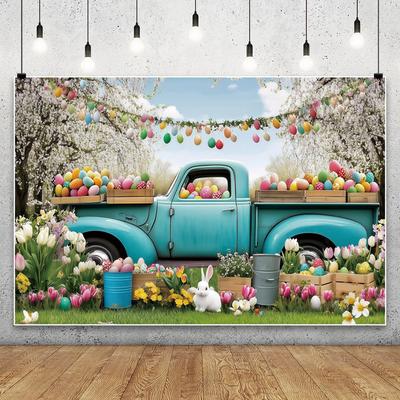 Spring Easter Photography Backdrop Blue Truck Colorful Eggs Flower Rabbit Tulip Floral Forest Photo Background Studio Props