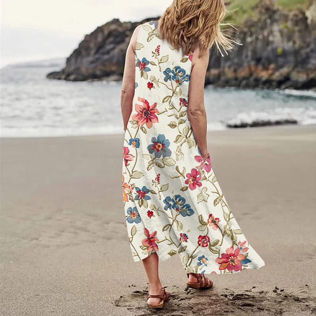 Женское повседневное удобное хлопковое карманное платье без рукавов с цветочным принтом