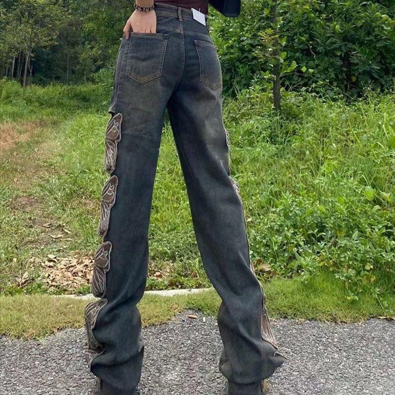 Джинсы Harajuku женские винтажные брюки Y2k с вышивкой, джинсовые брюки с высокой талией, рваный дизайн, прямые брюки с широкими штанинами и полыми бабочками