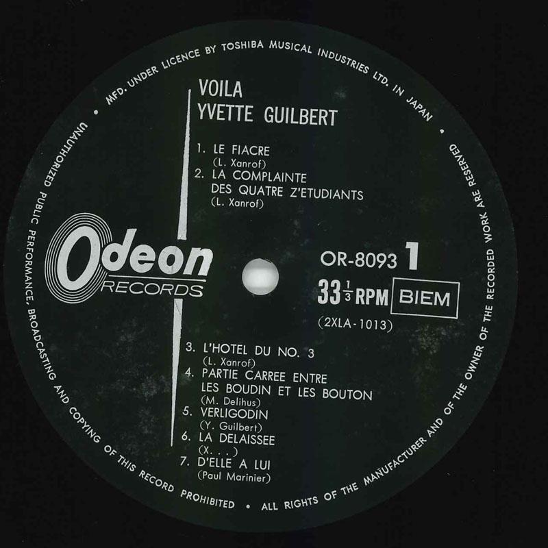 Виниловая пластинка YVETTE GUILBERT Voila OR8093 ODEON Япония Поп Б/у