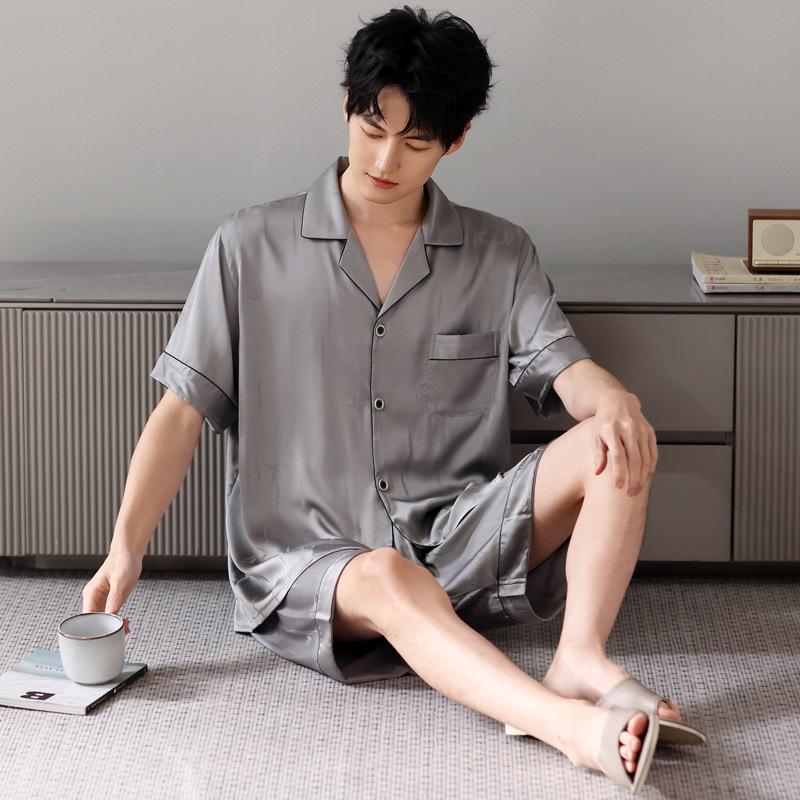 Men's ice silk pajamas short-sleeved shorts summer thin simple cardigan high-end simulation silk loungewear set