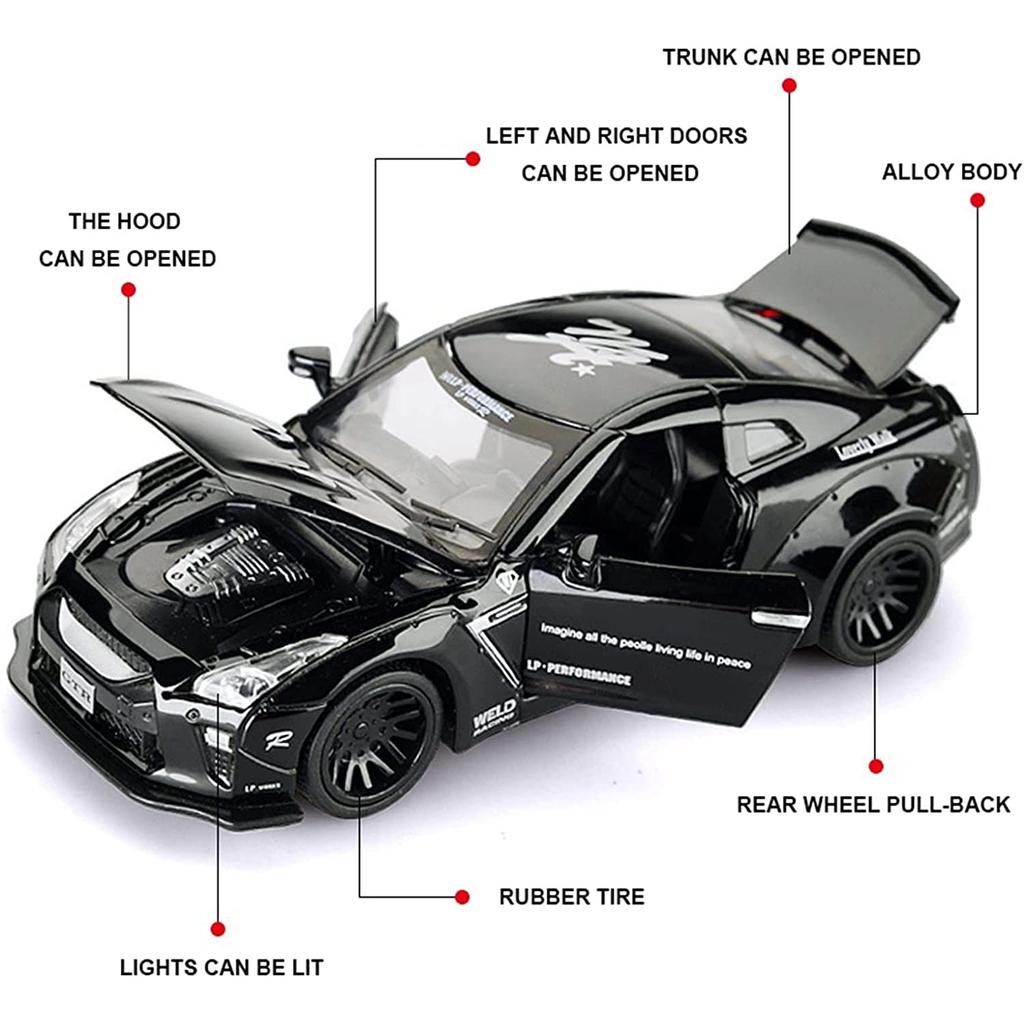 Масштаб 1/32 Nissan GTR, литая под давлением модель автомобиля, игрушечный автомобиль с откатным механизмом, звуком и светом для детей, коллекция подарков для мальчиков и девочек