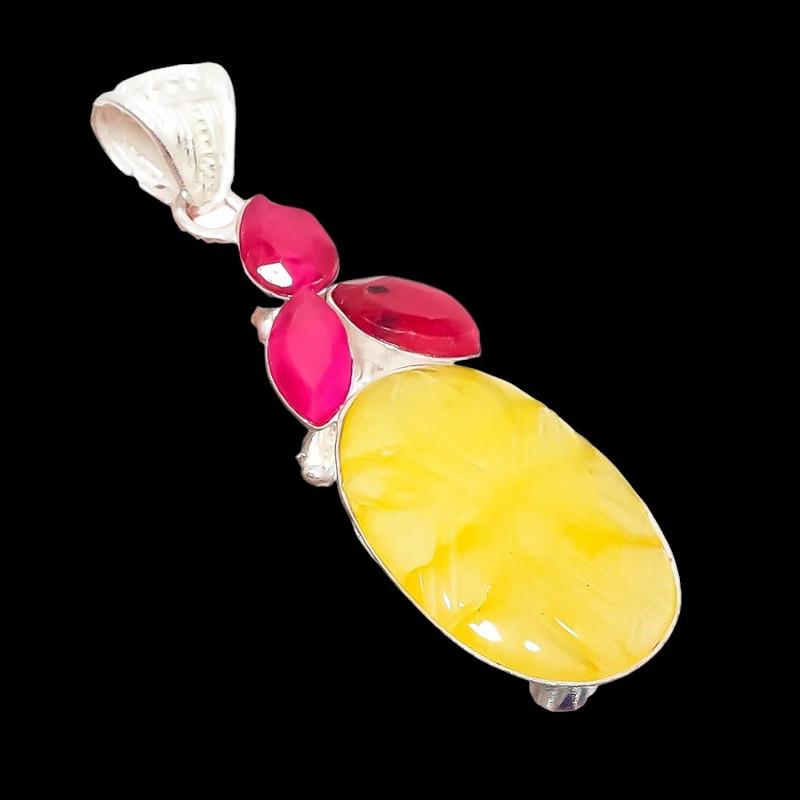 Yellow Aventurine, Ruby Gemstone 925 Sterling Silver Jewelry Pendant 2.56" AH-5190