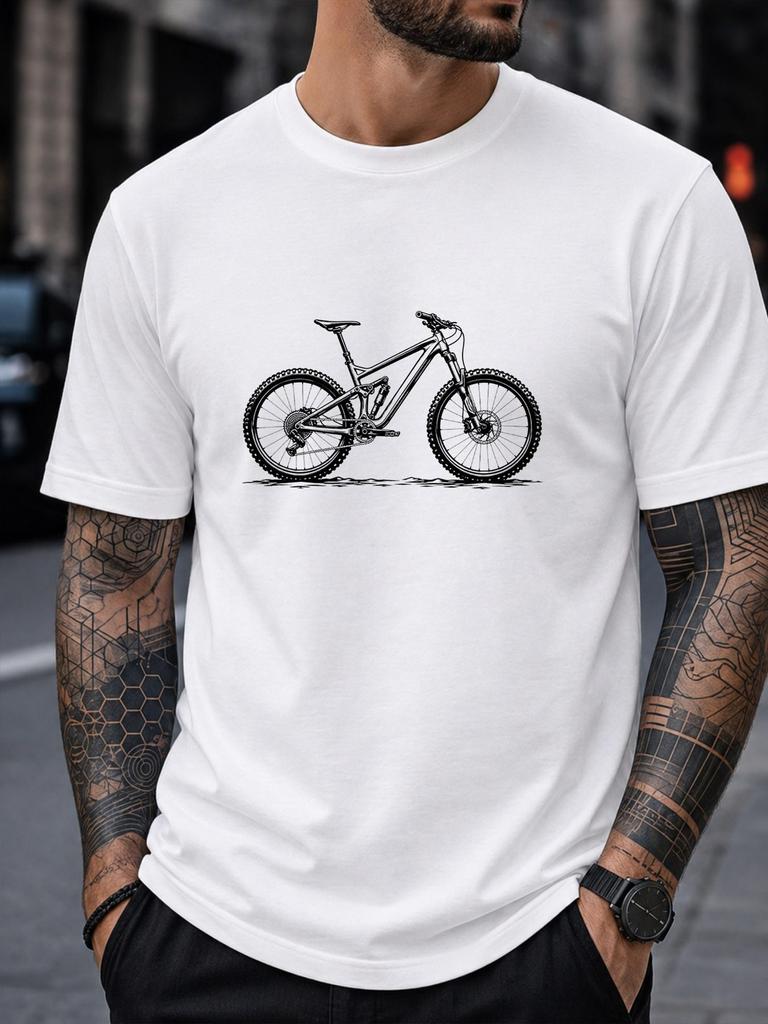 Men's Minimalist Outline Mountain Bike Cycling Sports Chest Print Short Sleeve Crew Neck Casual Bike