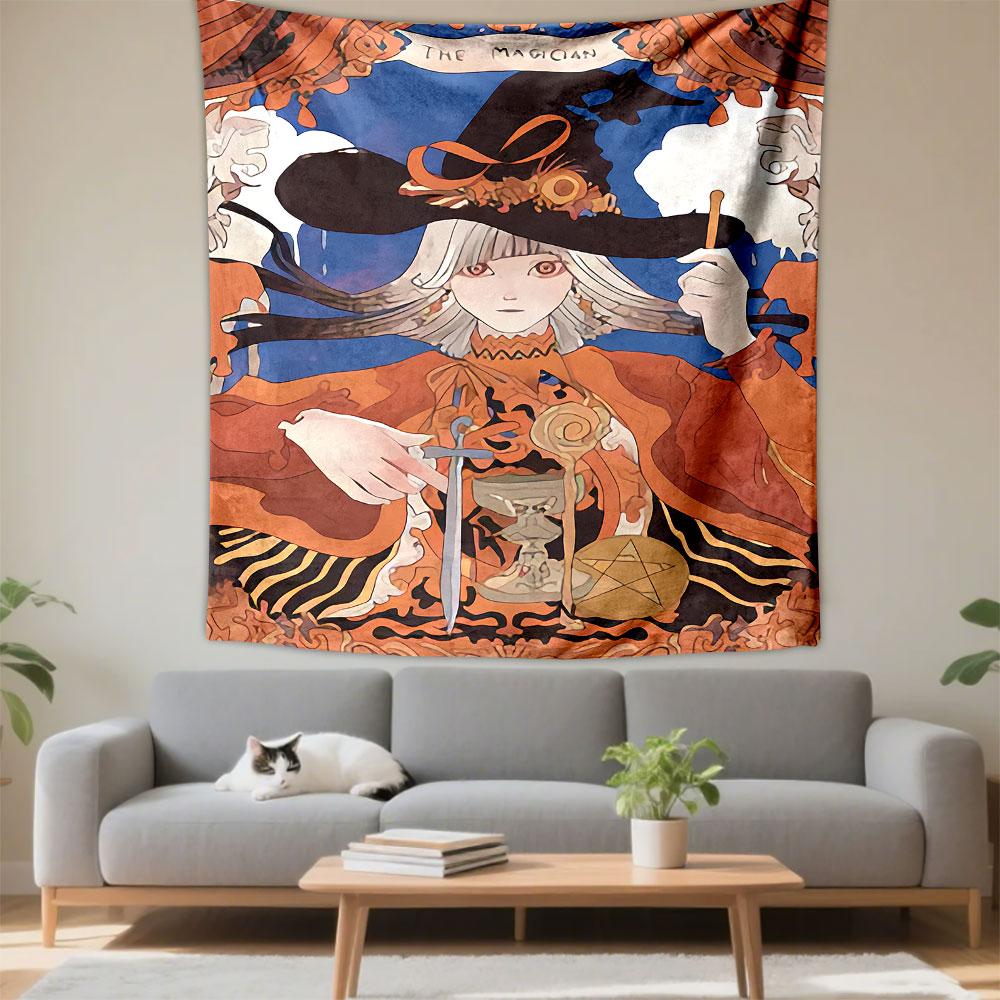 The Magician Anime Witch Art Tapestry Wall Hanging, Sorceress Character Poster, Anime Wall Decor for Bedroom Living Room Dorm