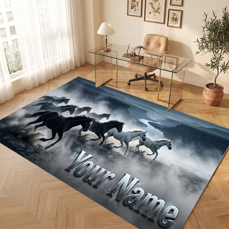 Horse Theme Soft Crystal Velvet Rug Custom Name & Text Print Non Slip Floor Rug for Bedroom Living Room