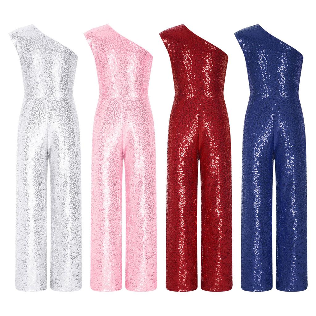 Girl's One Shoulder Sequins Sleeveless Jumpsuit Pants High Waist Party Rompers Dancewear Costume