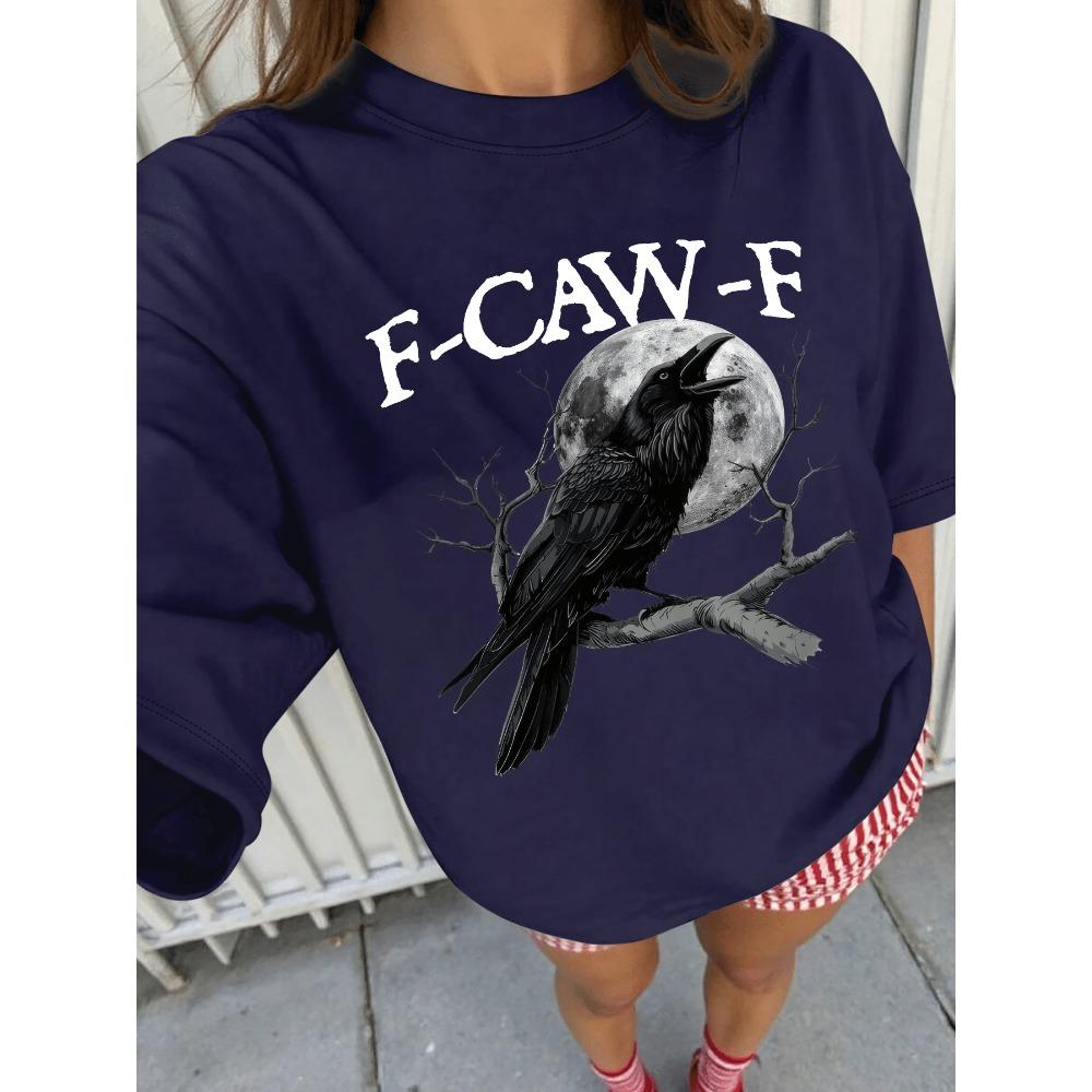 Женская белая футболка с коротким рукавом большого размера, с принтом «F - CAW - F» Ворон и Луна, повседневный топ в готическом стиле