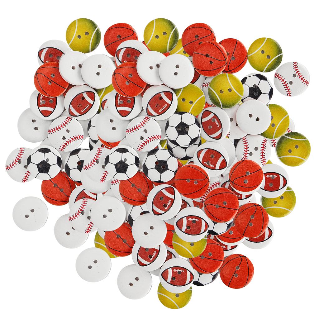 100Pcs Wooden Buttons 2‑Hole Round Shape Basketball Football Mixed Pattern Sewing Buttons