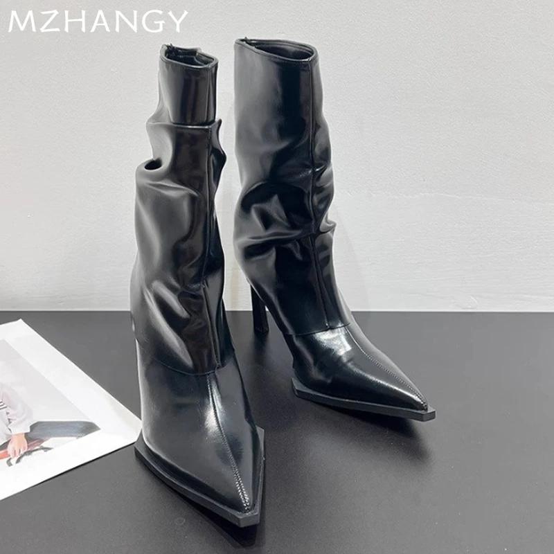 Модные женские кожаные сапоги до середины голени с острым носком, элегантные туфли на высоком каблуке, тренд 2024 года, зимние ботинки челси, сексуальные туфли-лодочки, новые женские ботинки