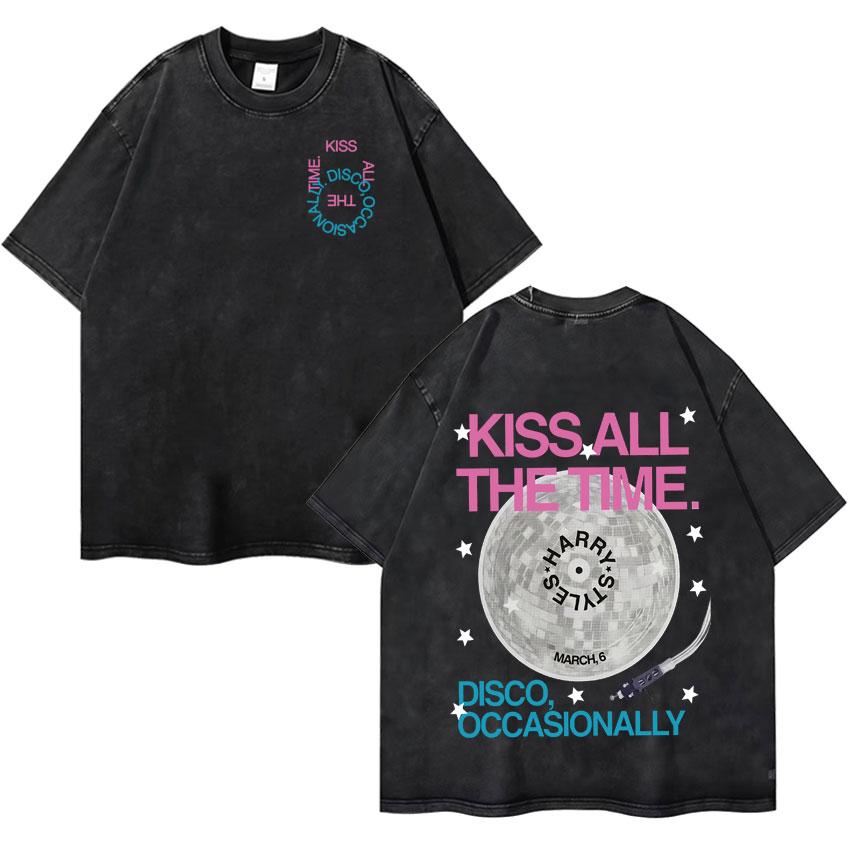 Harry Styles Kiss All The Time Disco Occasionally  Tour High Quality Vintage Washed ONeck Tshirt Fan Gift Unisex Cotton Tee