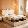 Wooden bed 140 × 200 cm, hydraulic frame, storage space, upholstered headrest, headboard, shelf, compartment, USB port, night light, wood colour