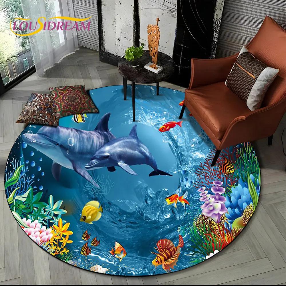 Круглый ковер 3D Иллюзия Морского Дна Дельфин, Коврик с Принтом Подводного Мира Нескользящий для Гостиной, Спальни, Игровой Комнаты, Декора Дома