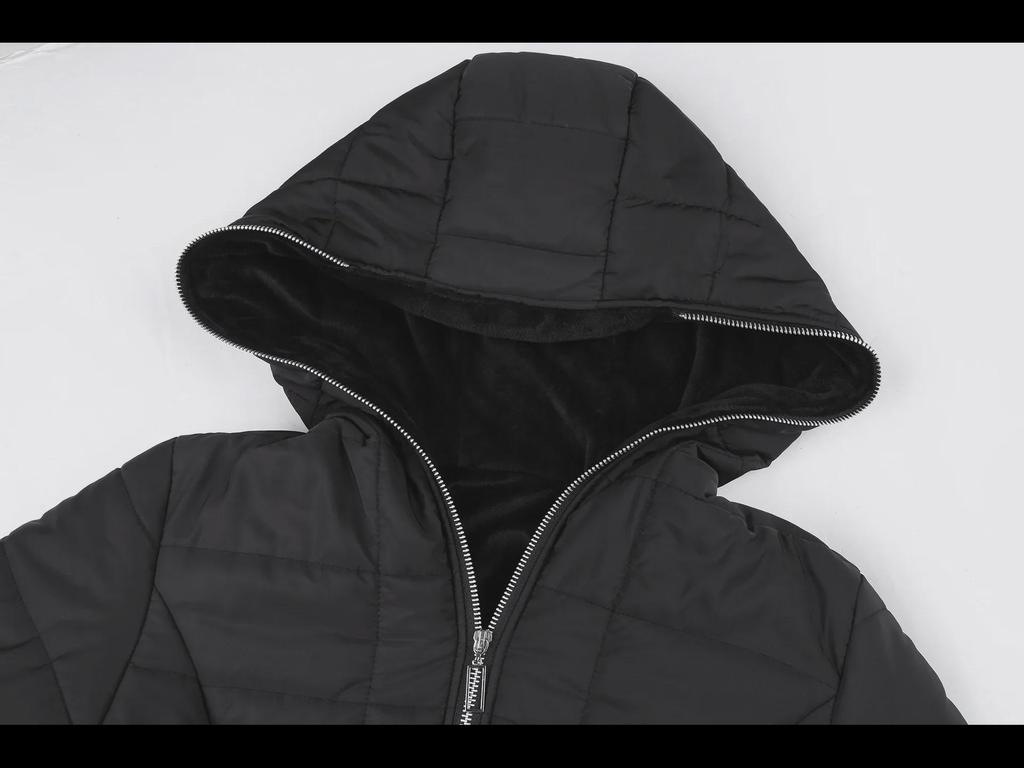 Женская зимняя куртка средней длины из хлопка и бархата с капюшоном и длинными рукавами на молнии