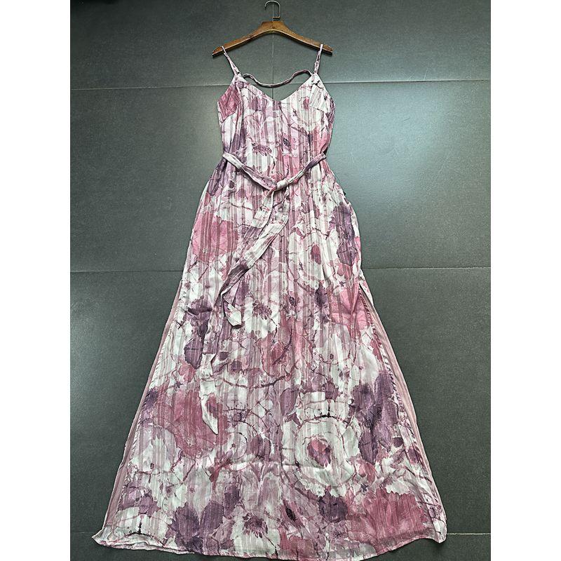 Purple Blooming Flower Sling Dress Lulu Home High-End Line V Neck Slit Hemline Vacation Dress White