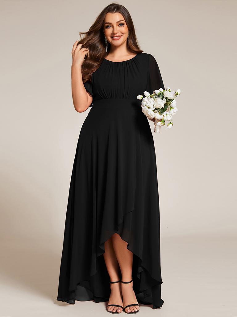 Ever-Pretty Women's Elegant Round Neck Ruffles Sleeve Chiffon Plus Size Evening Dresses with Asymmetrical Hem