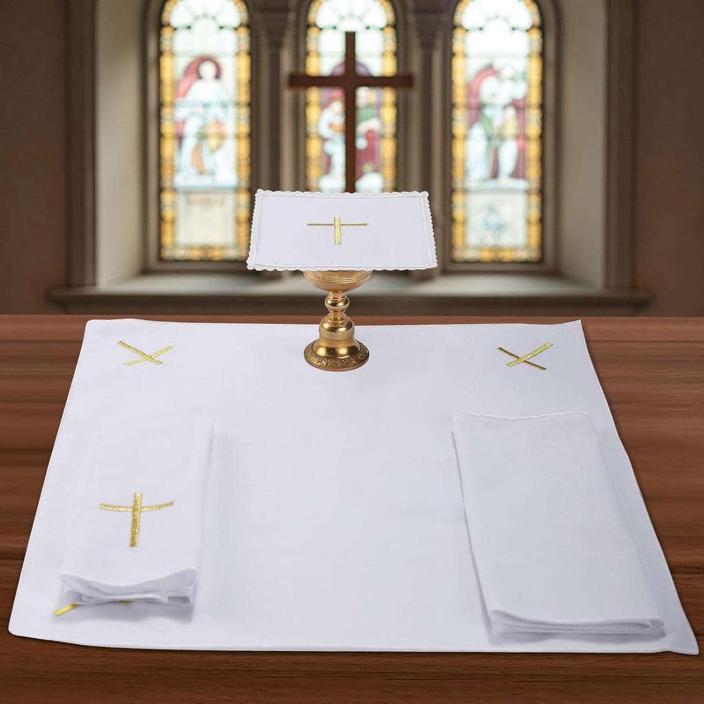 4 шт. Литургические принадлежности Льняной Корпорал для Церквей Наборы (Поддон,Капрал,Очиститель,Полотенце) Белая льняная алтарная скатерть с вышивкой золотого креста, Наборы для мессы