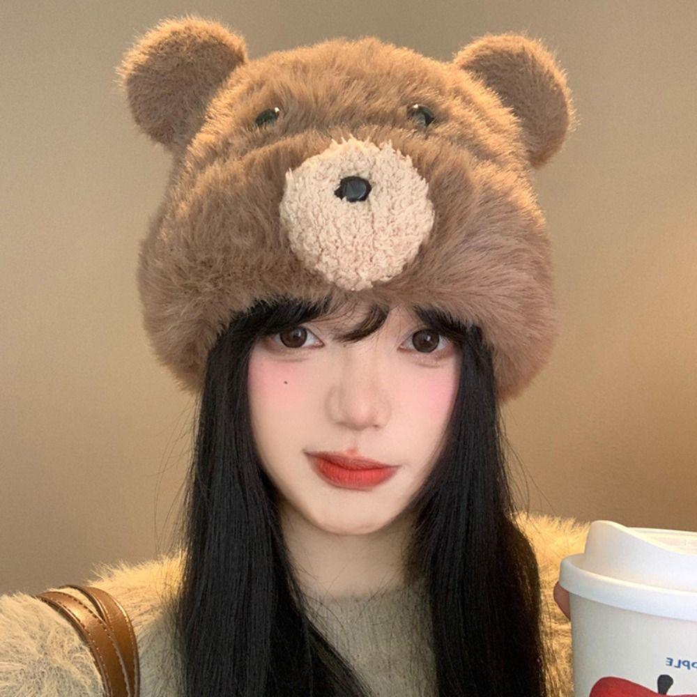 Korean Cute Bear Ear Hat Warm Women Fluffy Hat Fashion Pompom Beanie Cap Girls
