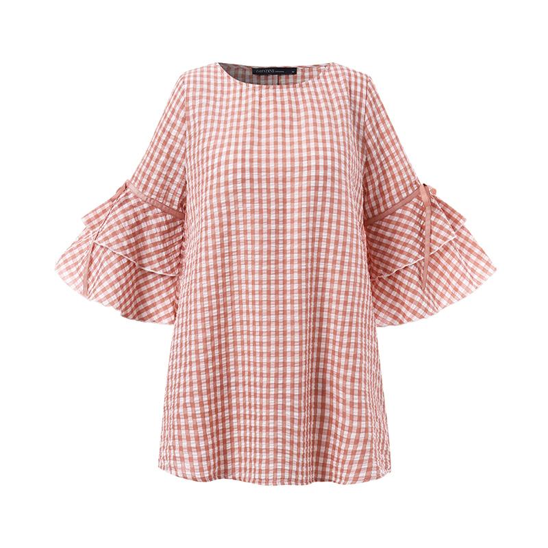 ZANZEA Женская клетчатая рубашка с круглым вырезом и оборками на рукавах, летние повседневные блузки, топы