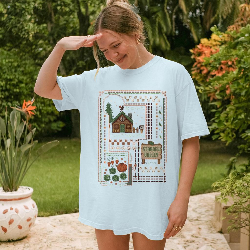 Stardew Valley T-shirt Cozy Gaming Sweater Gamer Girl Gift Indie Game Apparel Pixel Art Graphic Tee Farm House Design Stardew Merch Gaming