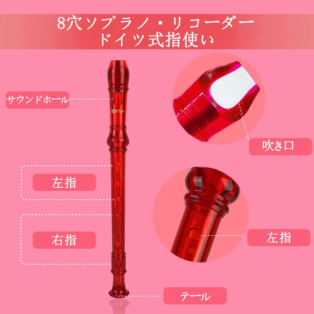 Everjoys Soprano Recorder German Style C Key 8-Hole Full Flute 3-Piece Set ABS Crystal Transparent Red with Cleaning Rod Bag and Fingering Chart
