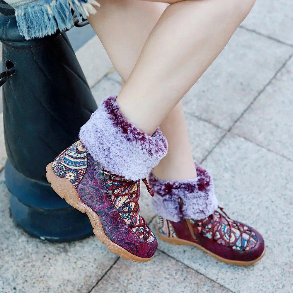 Johnature Handmade Genuine Leather Printed Short Boots With Plush Warm Comfortable Snow Boots Women Shoes