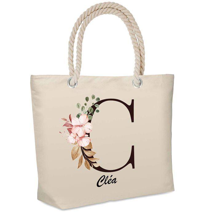 Sac de plage - PLANETEE - isotherme Cléa Lettre Fleur - Coton naturel - Grande contenance - Imprimé en France