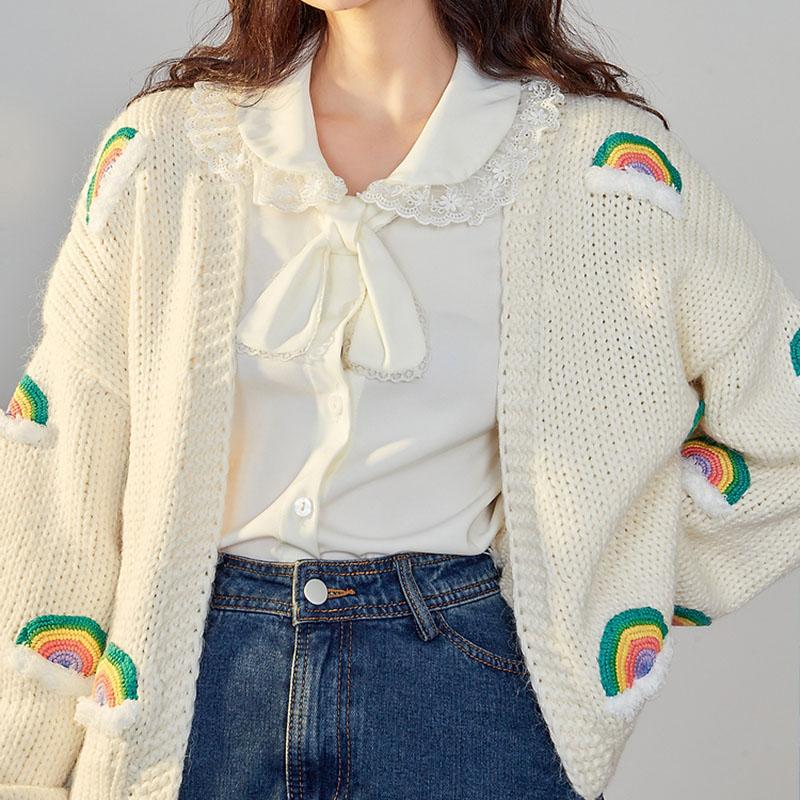 Толстые вязаные топы ручной работы, женский модный укороченный вязаный кардиган, свитер 90-х годов, Радужная уличная одежда C-048
