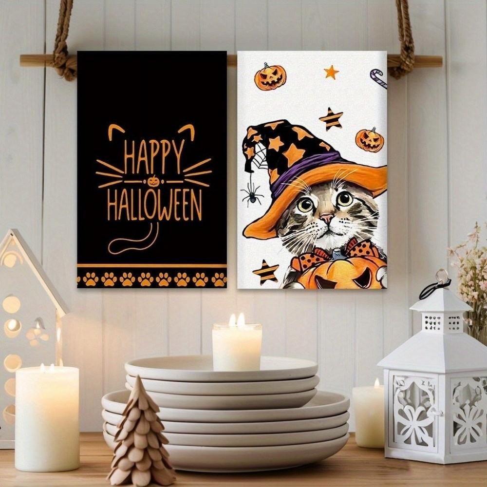 2 pcs Autumn Ghost Halloween Dish Towels Pumpkin Strong Absorbent Hand Towel Cat Funny Kitchen Towel Halloween