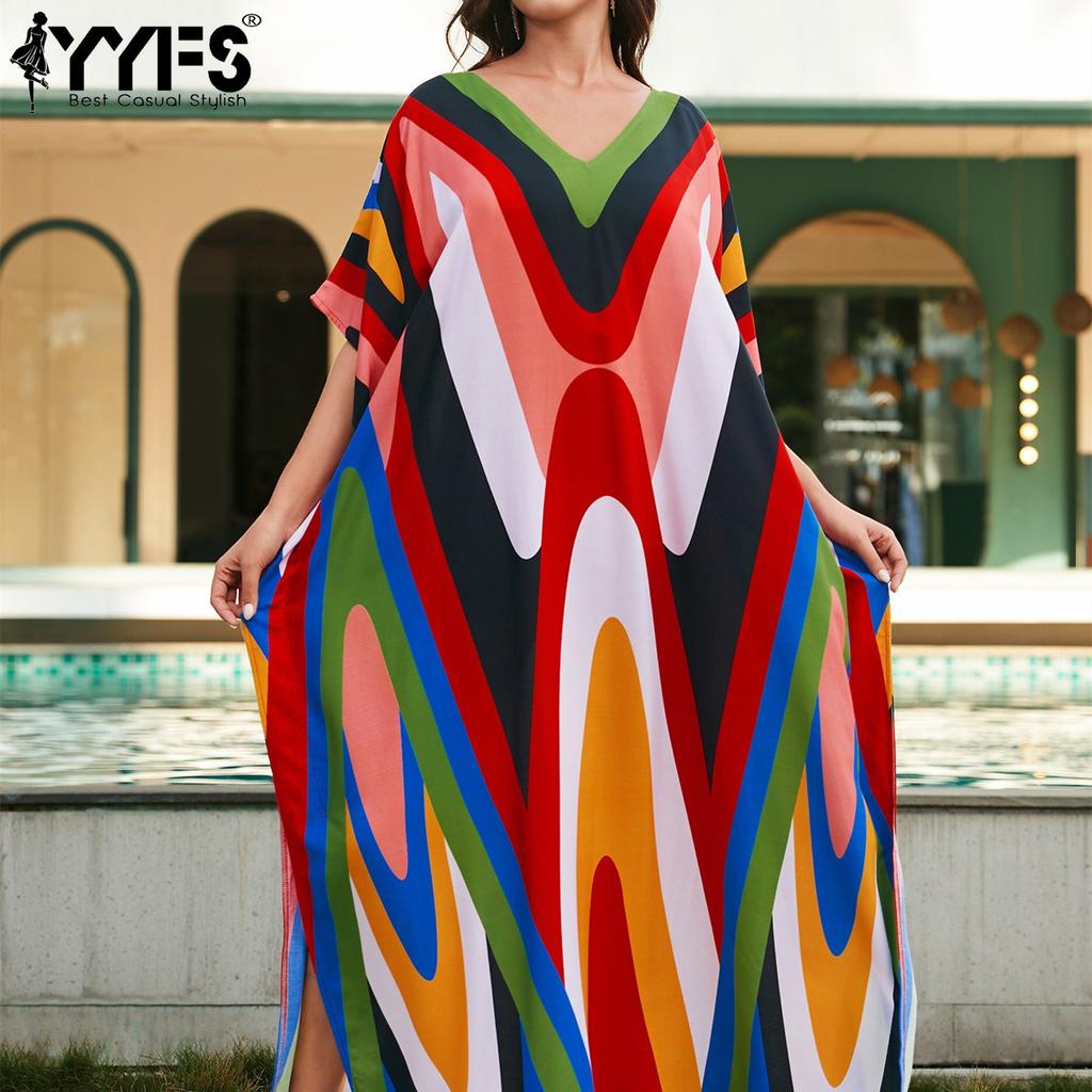 YYFS Женская мода, отпуск, лето, весна, геометрические узоры, принт, рукава 1/2, v-образный вырез, повседневные платья