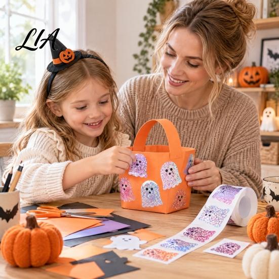 Party Favor Labels Halloween Glitter Ghost Stickers Roll, Self-adhesive Decorative Labels, Colorful Paper for Crafts Sparkly Decals DIY Crafting