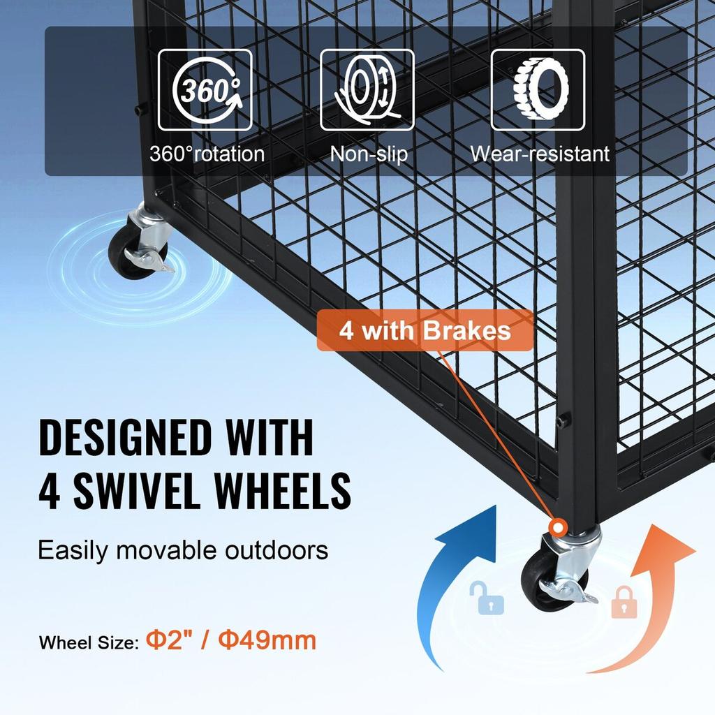 Rolling Sports Ball Storage Cart, Lockable Basketball Cage with Double Lids, Sport Equipment Holder Organizer for Indoor Outdoor, Steel Storage Rack