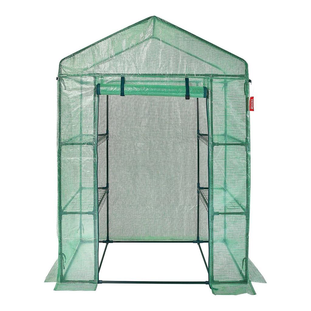 Walk-in Green House, 4.6 x 2.4 x 6.7 ft Greenhouse with Shelves, Set Up in Minutes, High Strength PE Cover with Doors & Windows and Steel Frame,