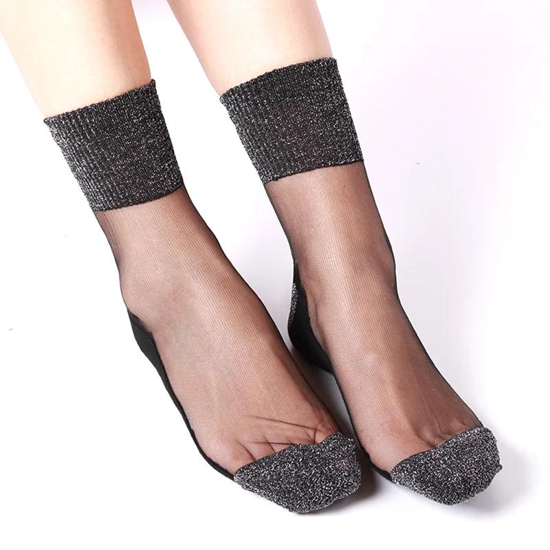 Women Summer Fashion Ultrathin Transparent Socks Glitter Crystal Glass Silk Socks Beautiful Lace Shiny Elastic Short Socks