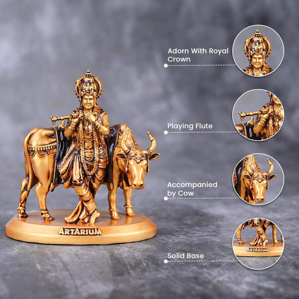 Сделанный вручную Кришна с коровой Мурти Идол Статуэтка Джанамаштами Экспонат для приборной панели автомобиля Домашний декор Офисный и настольный декоративный