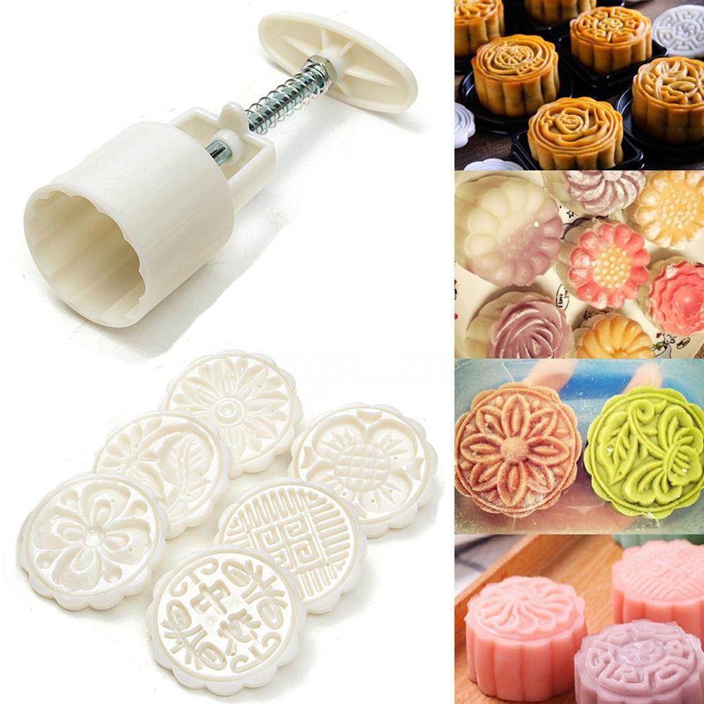 Molds 6 Style Round Flower Hand Pressure Fondant Moon Cake Cookie Pastry Baking Decorating Tools