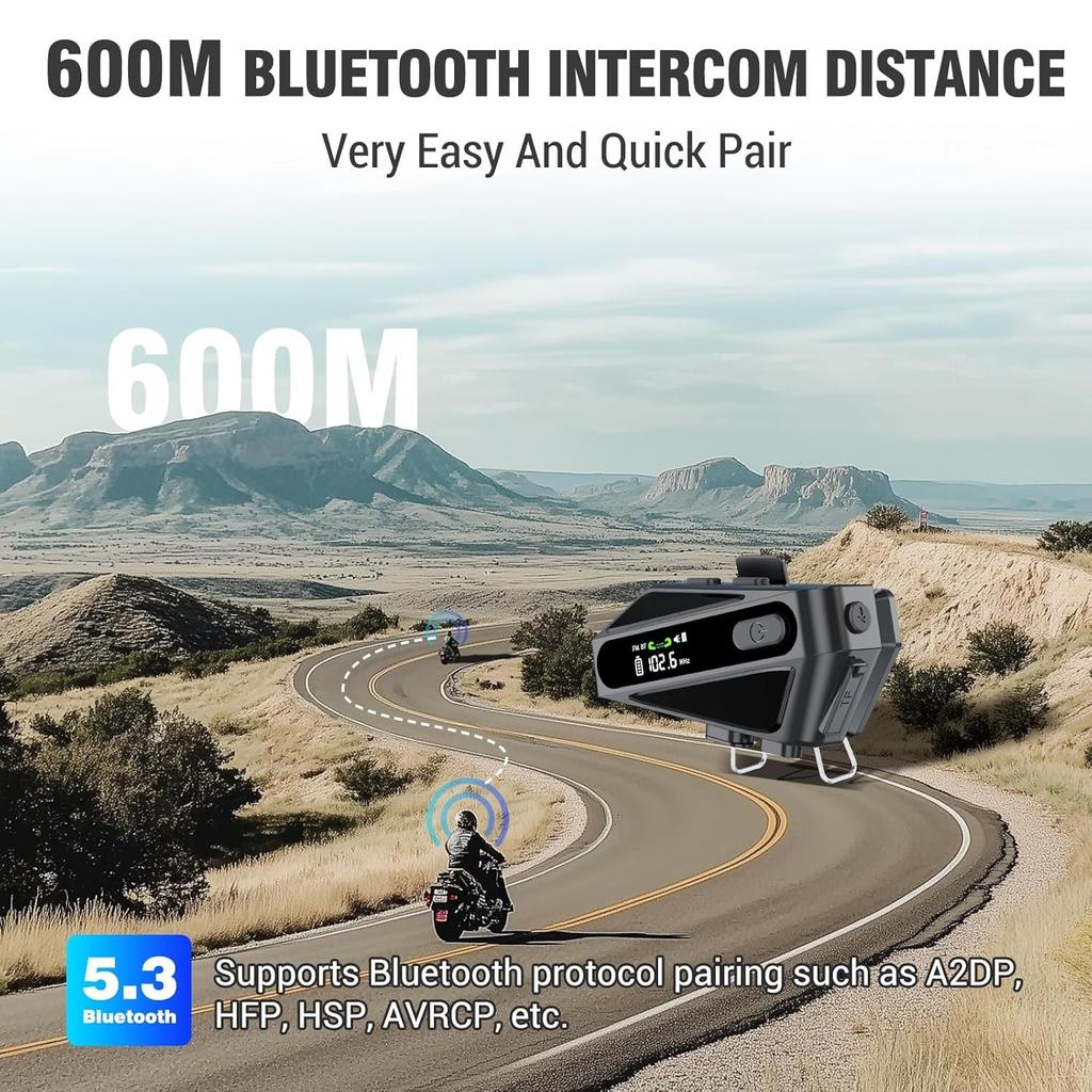C6 Мотоциклетная Bluetooth-гарнитура 5.3 с экраном и фонариком, 500M Intercom, FM-радио, совместима со всеми шлемами