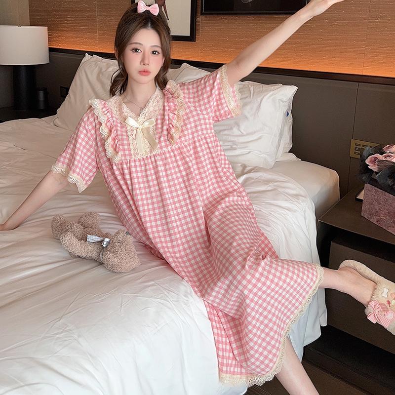 Ночная сорочка с принтом вишни, пижама женская, корейский стиль, рюши, ночное платье, пижама, летняя, с коротким рукавом, домашняя одежда, новинка